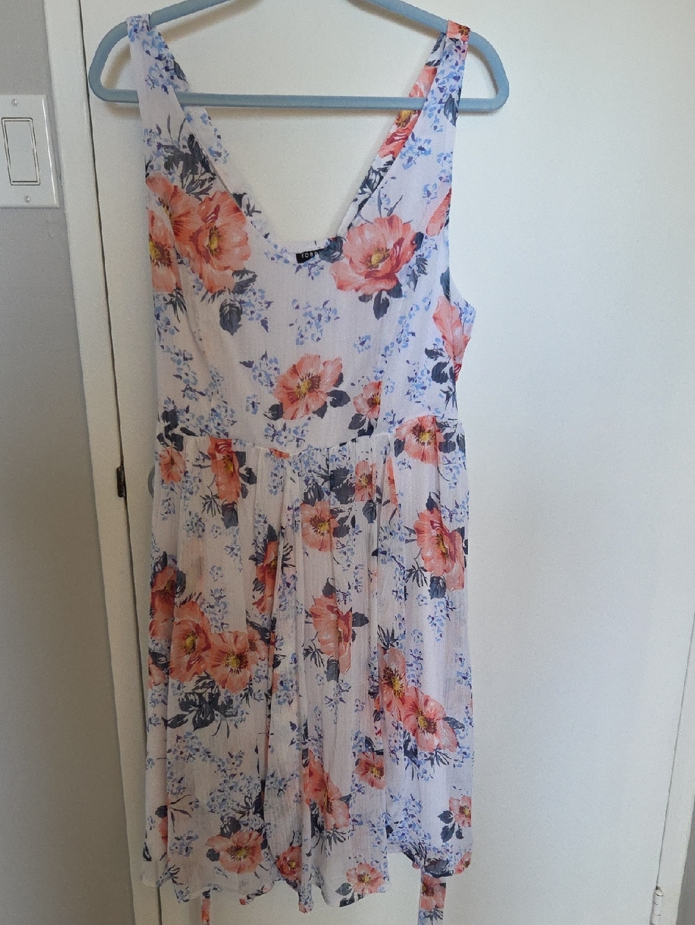 Torrid White Floral Tie-Waist V-Neck Dress with Coral & Blue Accents